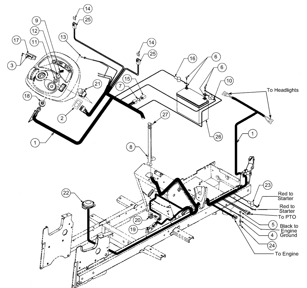 Battery, Electrical Components And Switches Diagram and Parts List for 2518-44 13A208L100-13B288L100 Cub Cadet Lawn Tractor